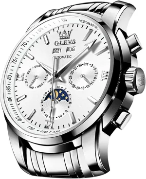 OLEVS Automatic Men Watch Self Winding Mechanical Luxury Dress Moon Phase Stainless Steel Waterproof Luminous Calendar Wrist Watch