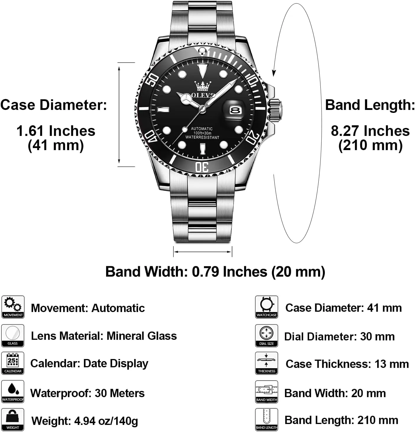 OLEVS Automatic Watch for Men, Big Face Business Casual Men's Self Winding Watch with Date, Classic Rotatable Bezel Luminous Waterproof Dress Watch for Men, Stainless Steel Band
