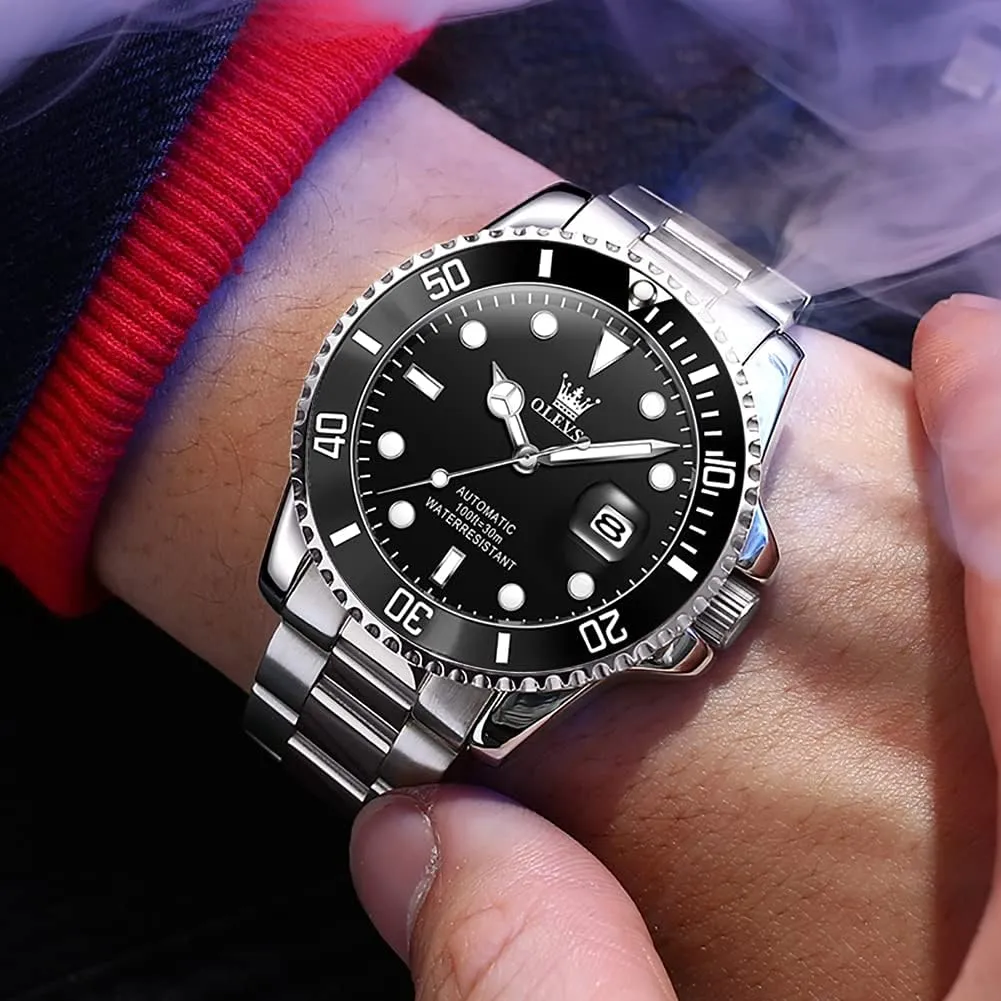 OLEVS Automatic Watch for Men, Big Face Business Casual Men's Self Winding Watch with Date, Classic Rotatable Bezel Luminous Waterproof Dress Watch for Men, Stainless Steel Band