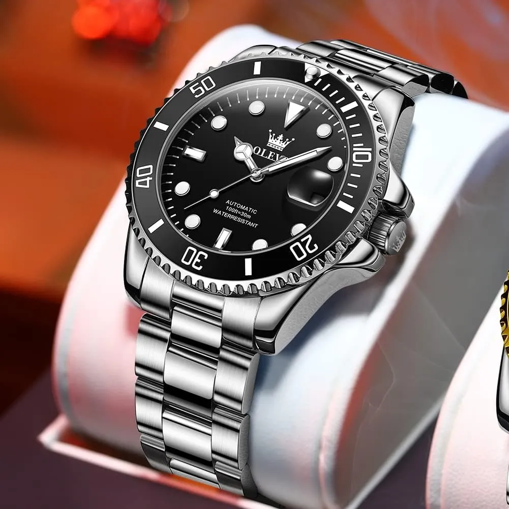 OLEVS Automatic Watch for Men, Big Face Business Casual Men's Self Winding Watch with Date, Classic Rotatable Bezel Luminous Waterproof Dress Watch for Men, Stainless Steel Band