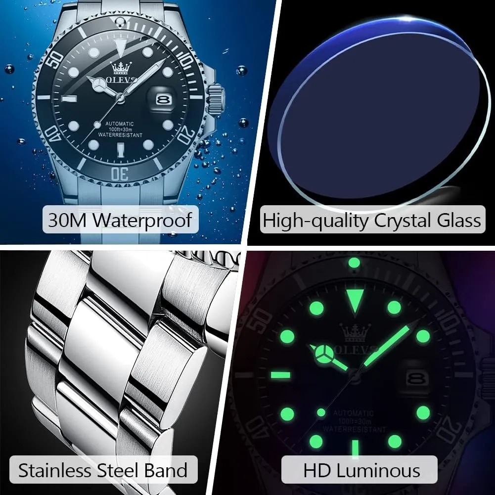 OLEVS Automatic Watch for Men, Big Face Business Casual Men's Self Winding Watch with Date, Classic Rotatable Bezel Luminous Waterproof Dress Watch for Men, Stainless Steel Band