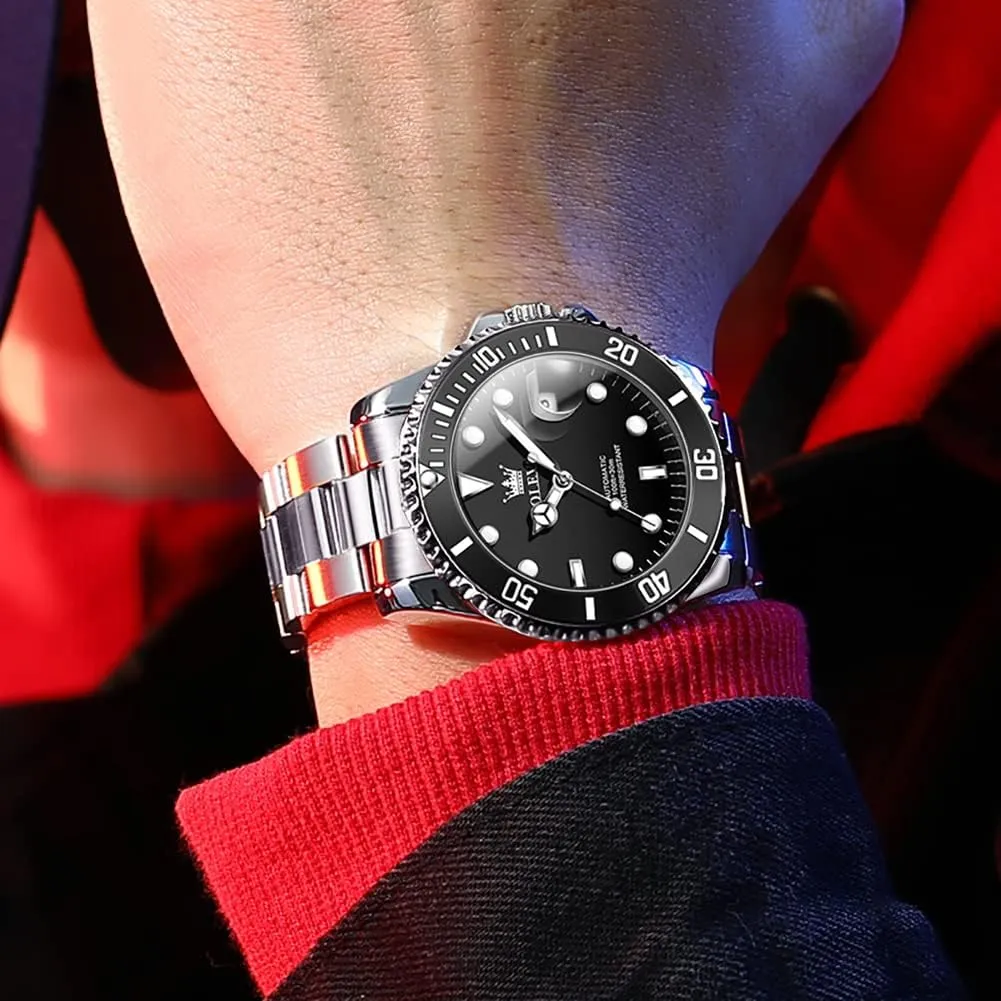 OLEVS Automatic Watch for Men, Big Face Business Casual Men's Self Winding Watch with Date, Classic Rotatable Bezel Luminous Waterproof Dress Watch for Men, Stainless Steel Band