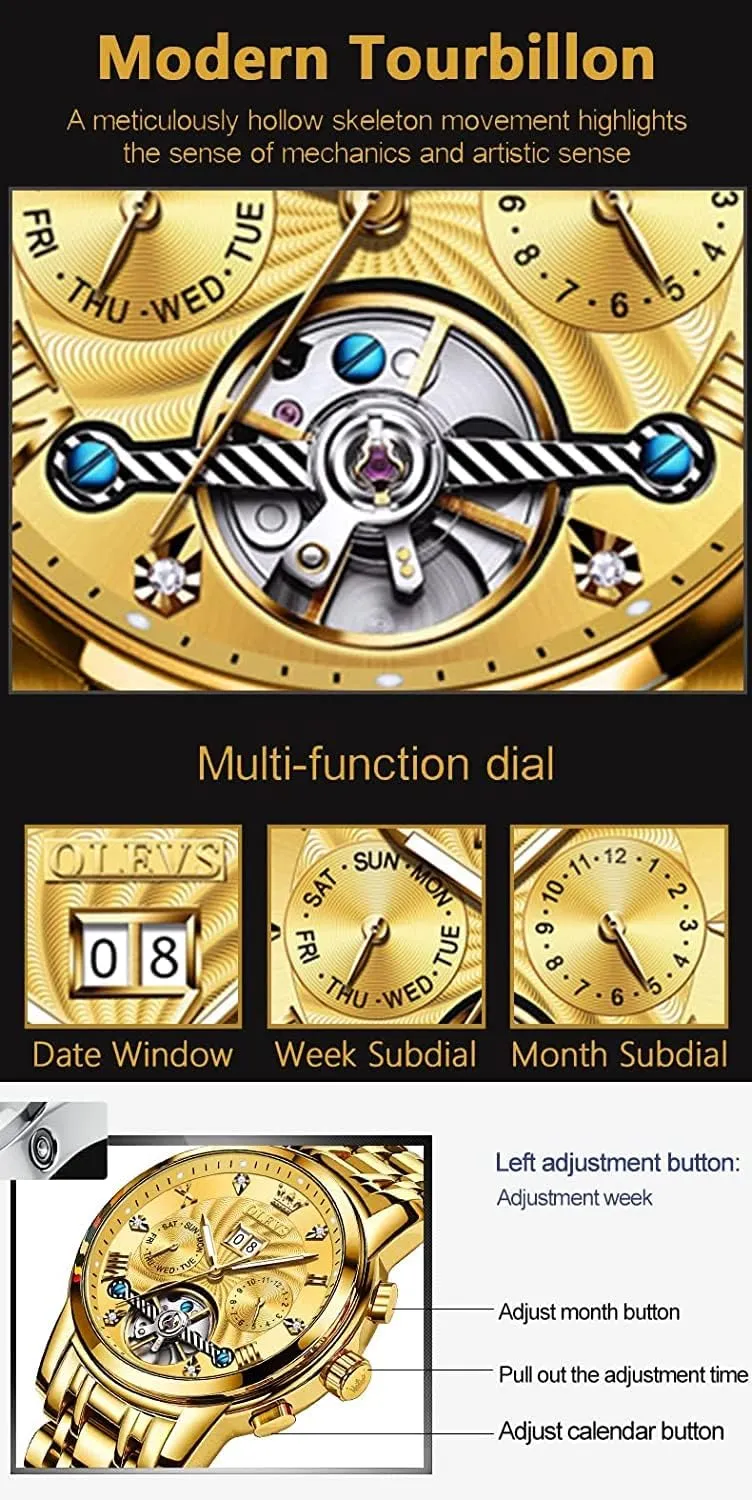 OLEVS Automatic Watch for Men Self Winding Mechanical Luxury Business Stainless Steel Multi Calendar Waterproof Luminous Wrist Watches