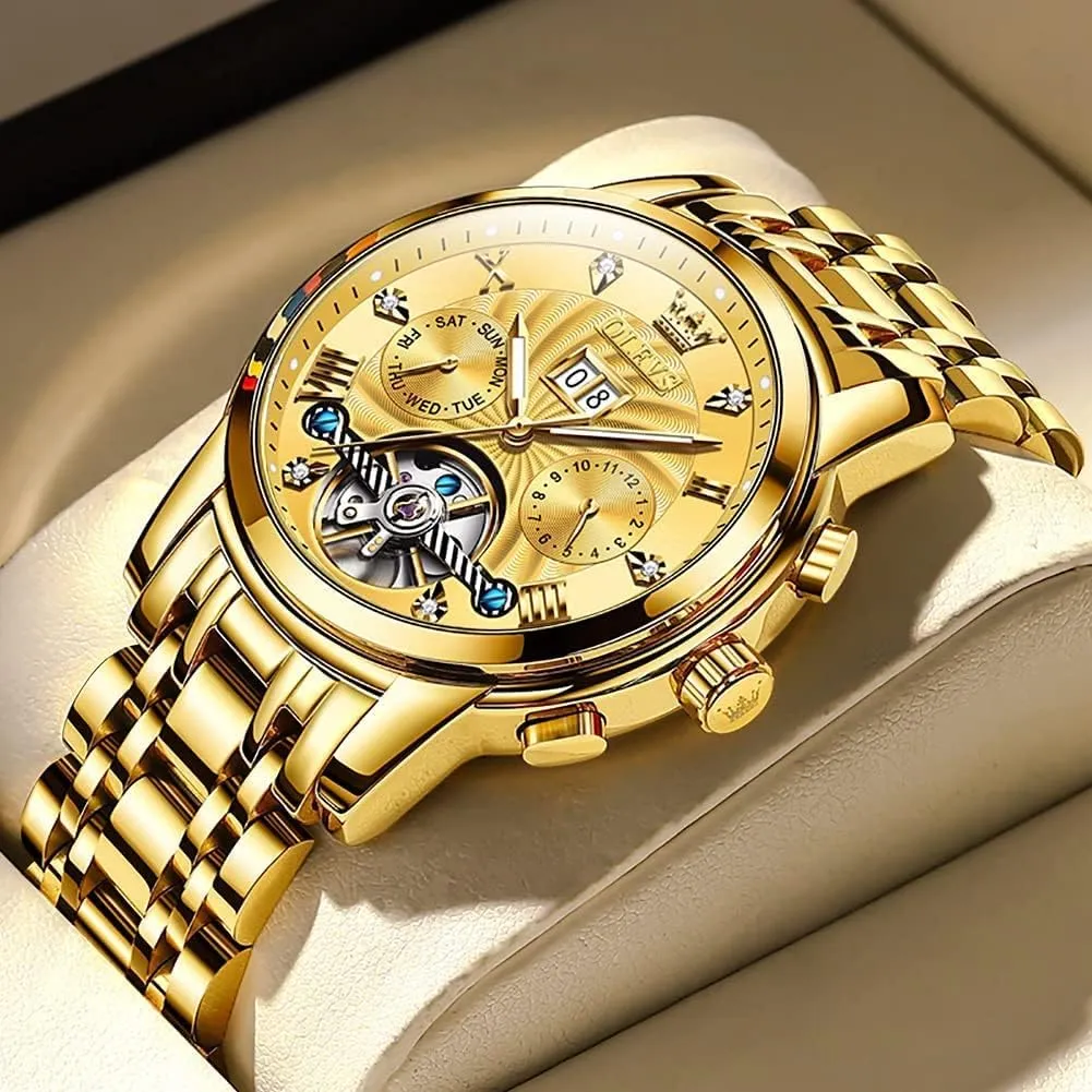 OLEVS Automatic Watch for Men Self Winding Mechanical Luxury Business Stainless Steel Multi Calendar Waterproof Luminous Wrist Watches