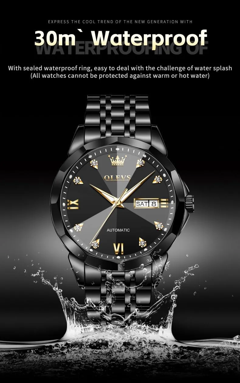 OLEVS Automatic Watches for Men Business Dress Watch Mechanical Stainless Steel Waterproof Self Winding Classic Date Luxury Diamond Men Wrist Watch