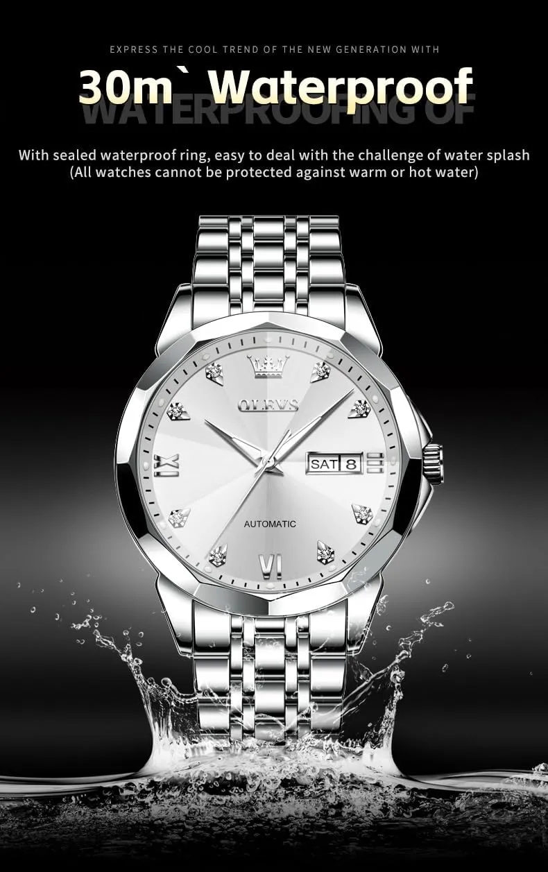 OLEVS Automatic Watches for Men Business Dress Watch Mechanical Stainless Steel Waterproof Self Winding Classic Date Luxury Diamond Men Wrist Watch