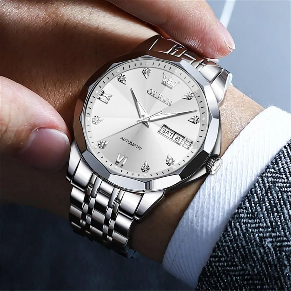 OLEVS Automatic Watches for Men Business Dress Watch Mechanical Stainless Steel Waterproof Self Winding Classic Date Luxury Diamond Men Wrist Watch