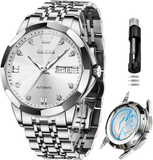 OLEVS Automatic Watches for Men Business Dress Watch Mechanical Stainless Steel Waterproof Self Winding Classic Date Luxury Diamond Men Wrist Watch