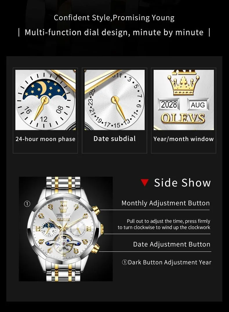 OLEVS Automatic Watches for Men Business Dress Watch Mechanical Stainless Steel Waterproof Self Winding Classic Date Luxury Diamond Men Wrist Watch