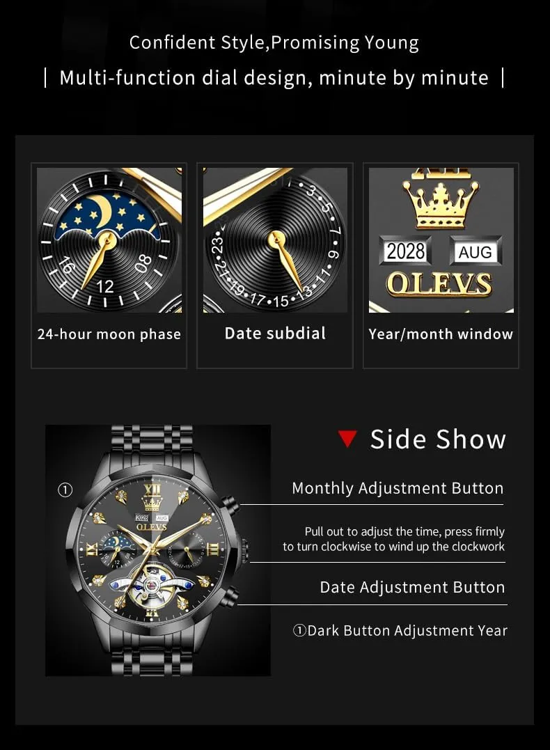 OLEVS Automatic Watches for Men Business Dress Watch Mechanical Stainless Steel Waterproof Self Winding Classic Date Luxury Diamond Men Wrist Watch