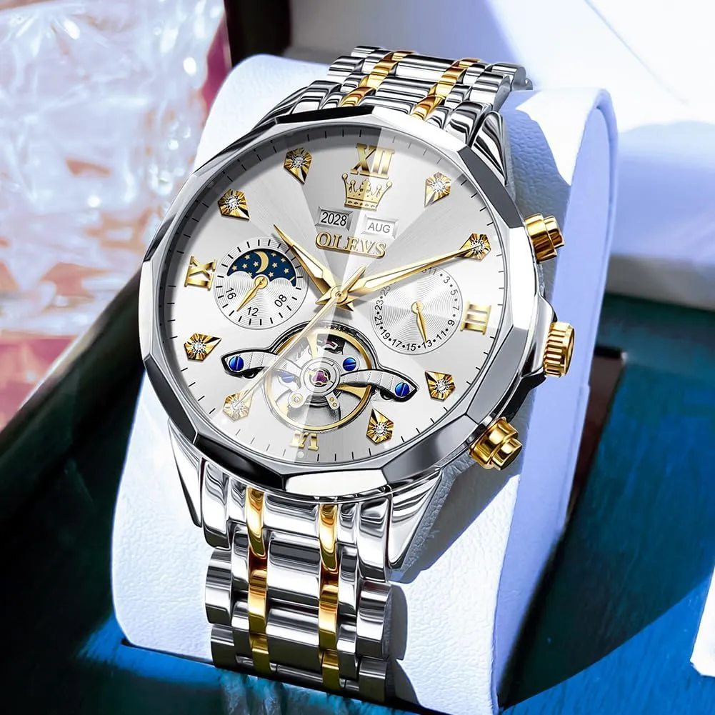 OLEVS Automatic Watches for Men Business Dress Watch Mechanical Stainless Steel Waterproof Self Winding Classic Date Luxury Diamond Men Wrist Watch