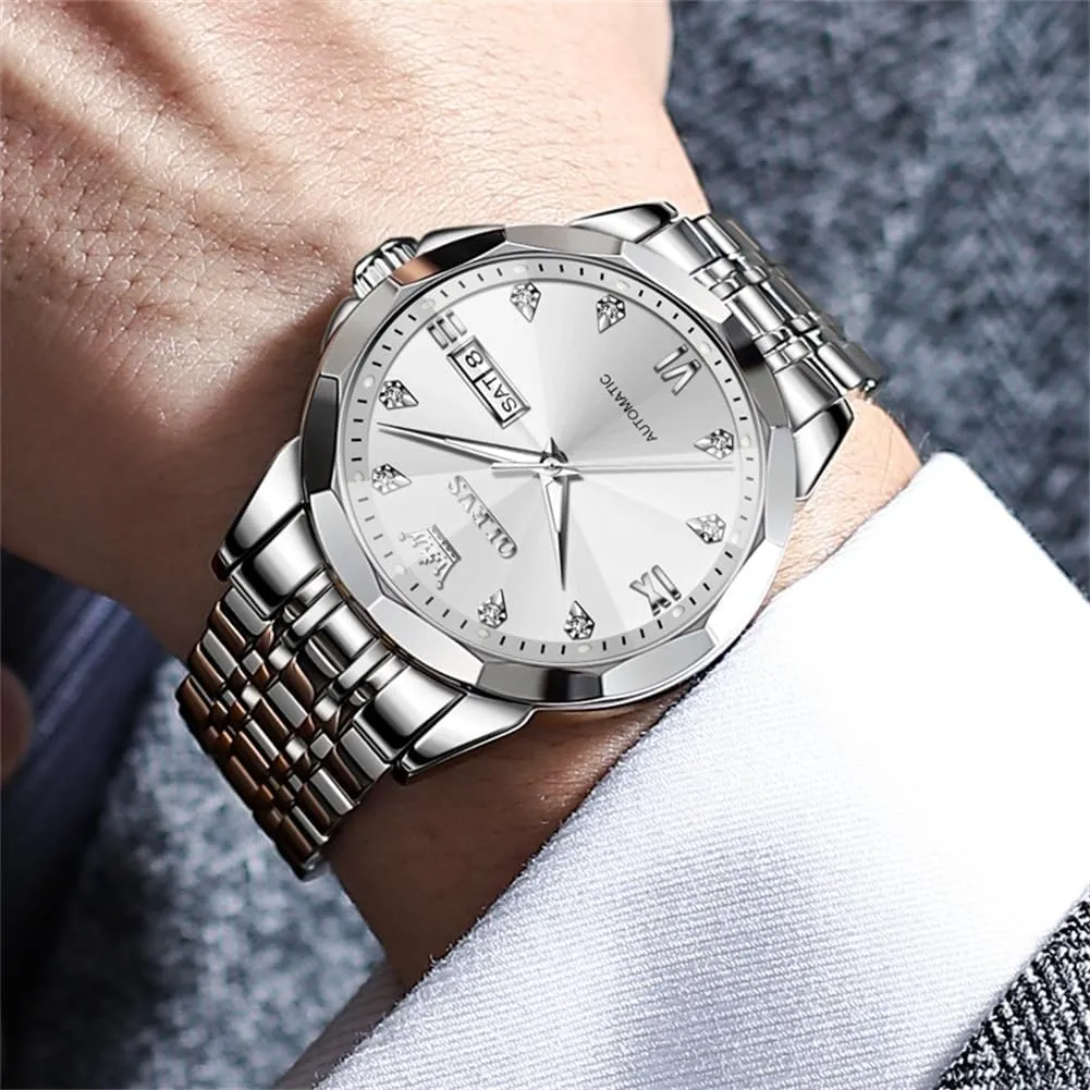 OLEVS Automatic Watches for Men Business Dress Watch Mechanical Stainless Steel Waterproof Self Winding Classic Date Luxury Diamond Men Wrist Watch