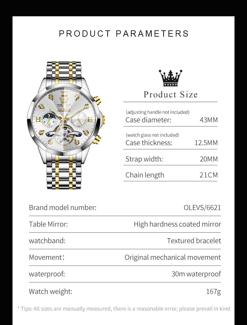 OLEVS Automatic Watches for Men Business Dress Watch Mechanical Stainless Steel Waterproof Self Winding Classic Date Luxury Diamond Men Wrist Watch