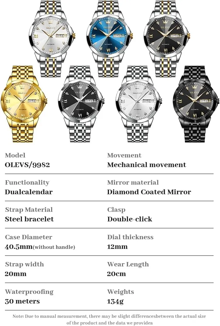 OLEVS Automatic Watches for Men Business Dress Watch Mechanical Stainless Steel Waterproof Self Winding Classic Date Luxury Diamond Men Wrist Watch
