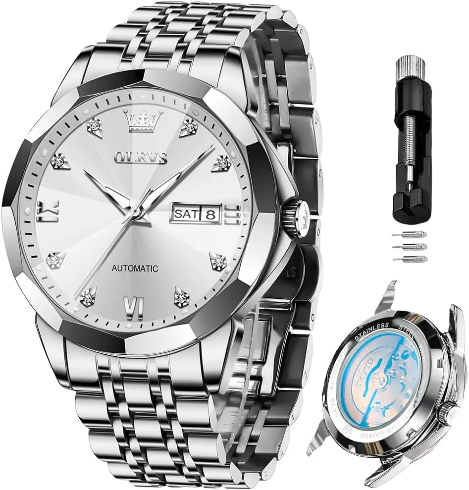 OLEVS Automatic Watches for Men Business Dress Watch Mechanical Stainless Steel Waterproof Self Winding Classic Date Luxury Diamond Men Wrist Watch