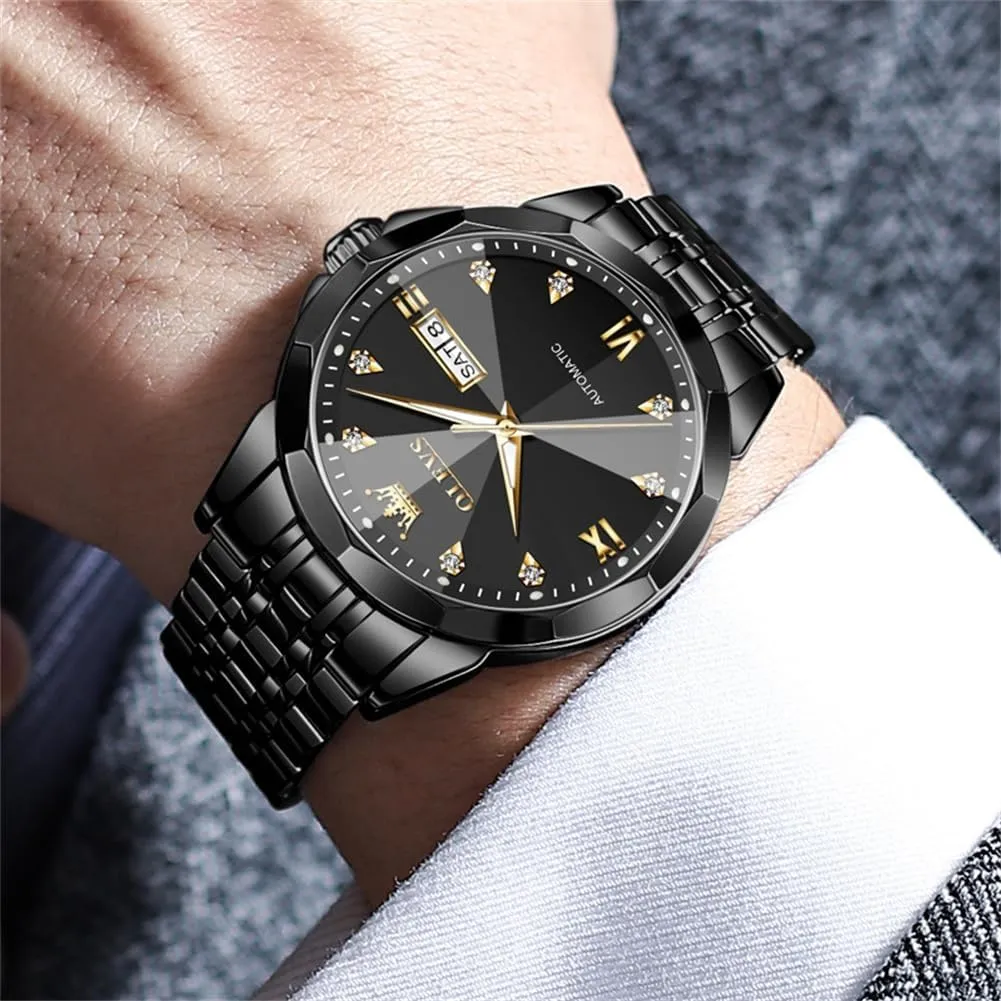 OLEVS Automatic Watches for Men Business Dress Watch Mechanical Stainless Steel Waterproof Self Winding Classic Date Luxury Diamond Men Wrist Watch