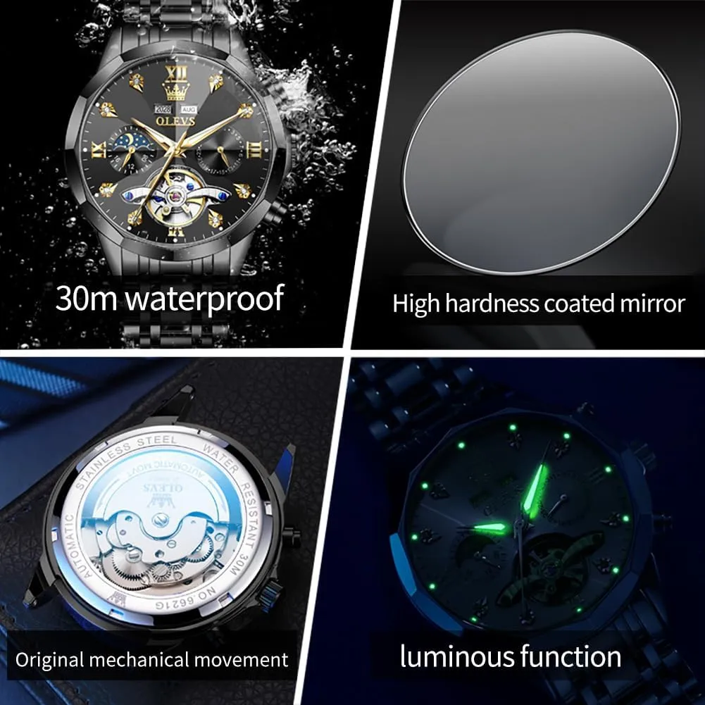 OLEVS Automatic Watches for Men Business Dress Watch Mechanical Stainless Steel Waterproof Self Winding Classic Date Luxury Diamond Men Wrist Watch