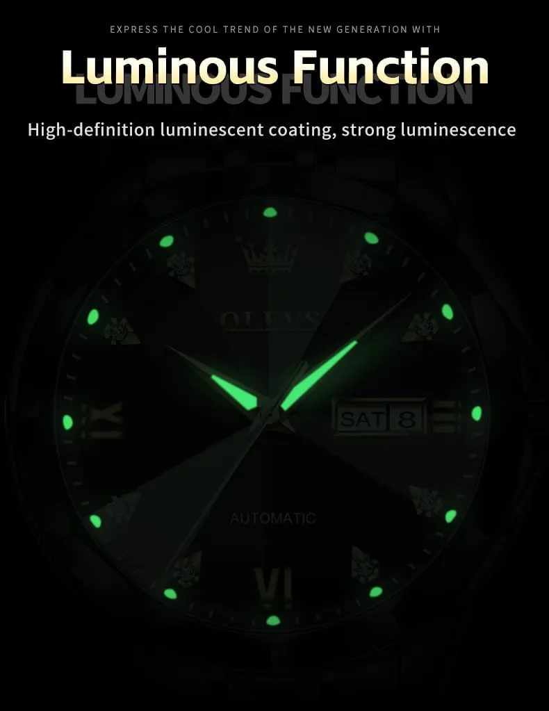 OLEVS Automatic Watches for Men Business Dress Watch Mechanical Stainless Steel Waterproof Self Winding Classic Date Luxury Diamond Men Wrist Watch