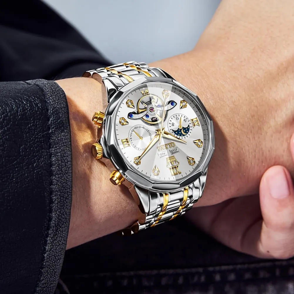 OLEVS Automatic Watches for Men Business Dress Watch Mechanical Stainless Steel Waterproof Self Winding Classic Date Luxury Diamond Men Wrist Watch