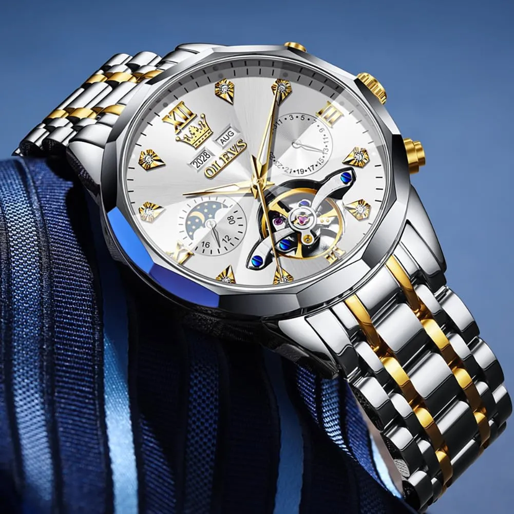 OLEVS Automatic Watches for Men Business Dress Watch Mechanical Stainless Steel Waterproof Self Winding Classic Date Luxury Diamond Men Wrist Watch
