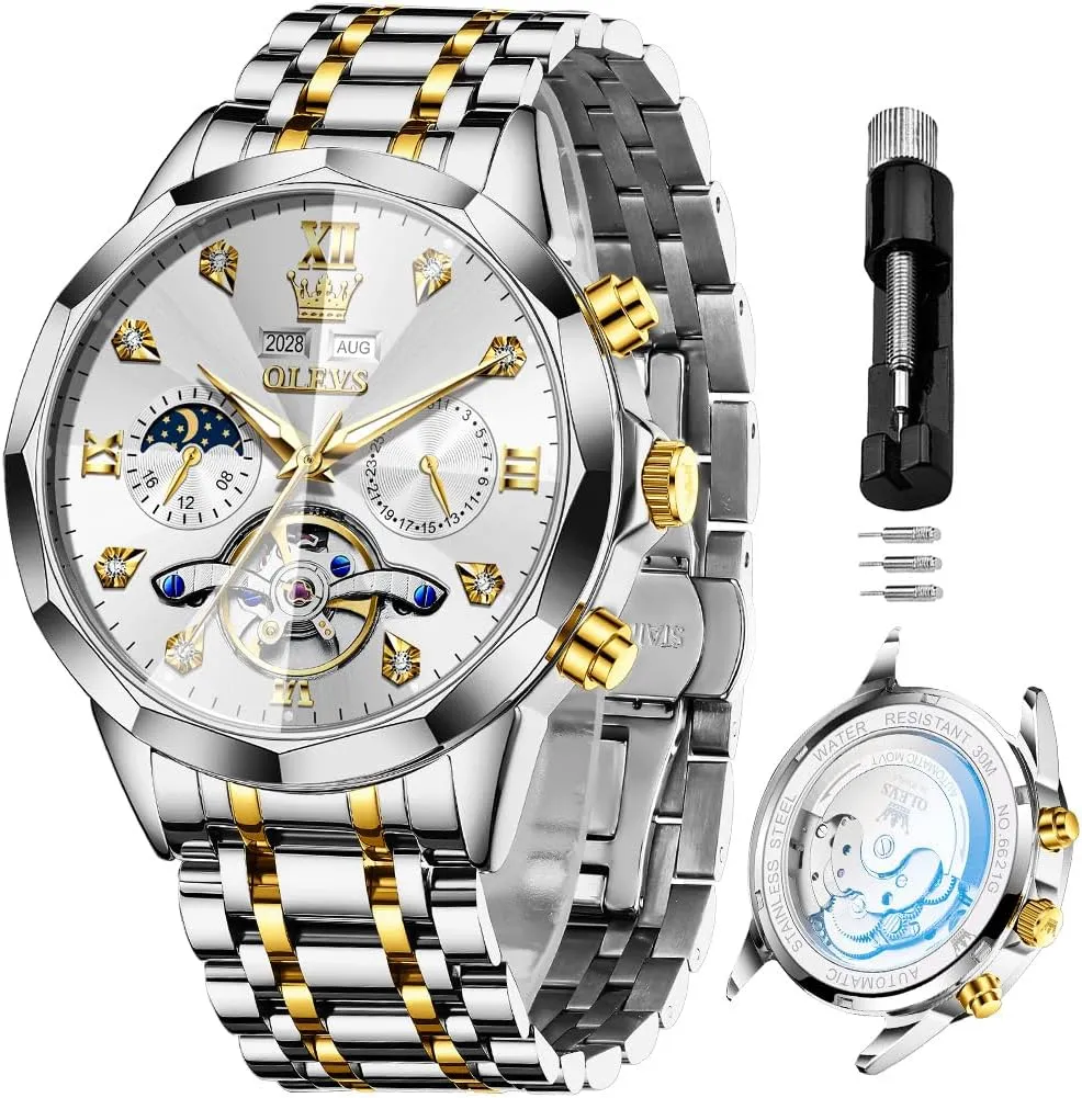OLEVS Automatic Watches for Men Business Dress Watch Mechanical Stainless Steel Waterproof Self Winding Classic Date Luxury Diamond Men Wrist Watch