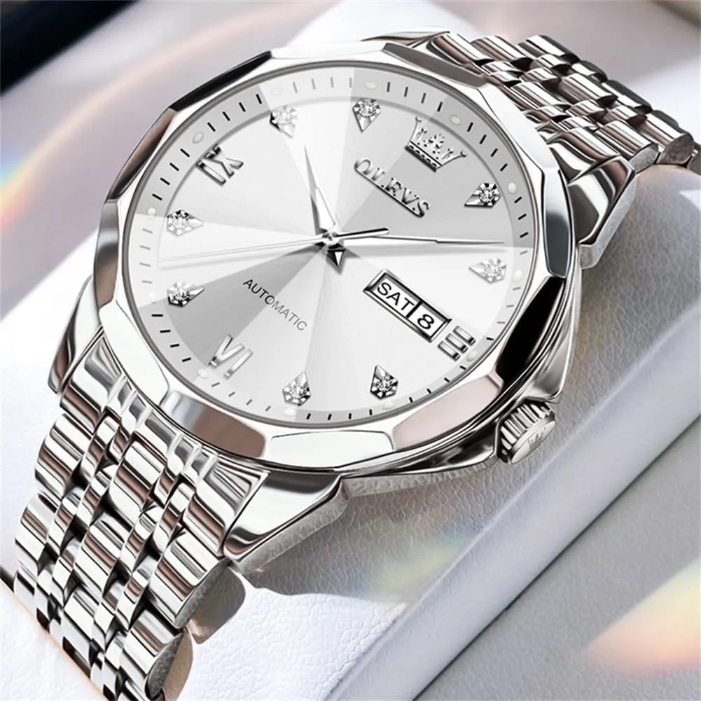OLEVS Automatic Watches for Men Business Dress Watch Mechanical Stainless Steel Waterproof Self Winding Classic Date Luxury Diamond Men Wrist Watch