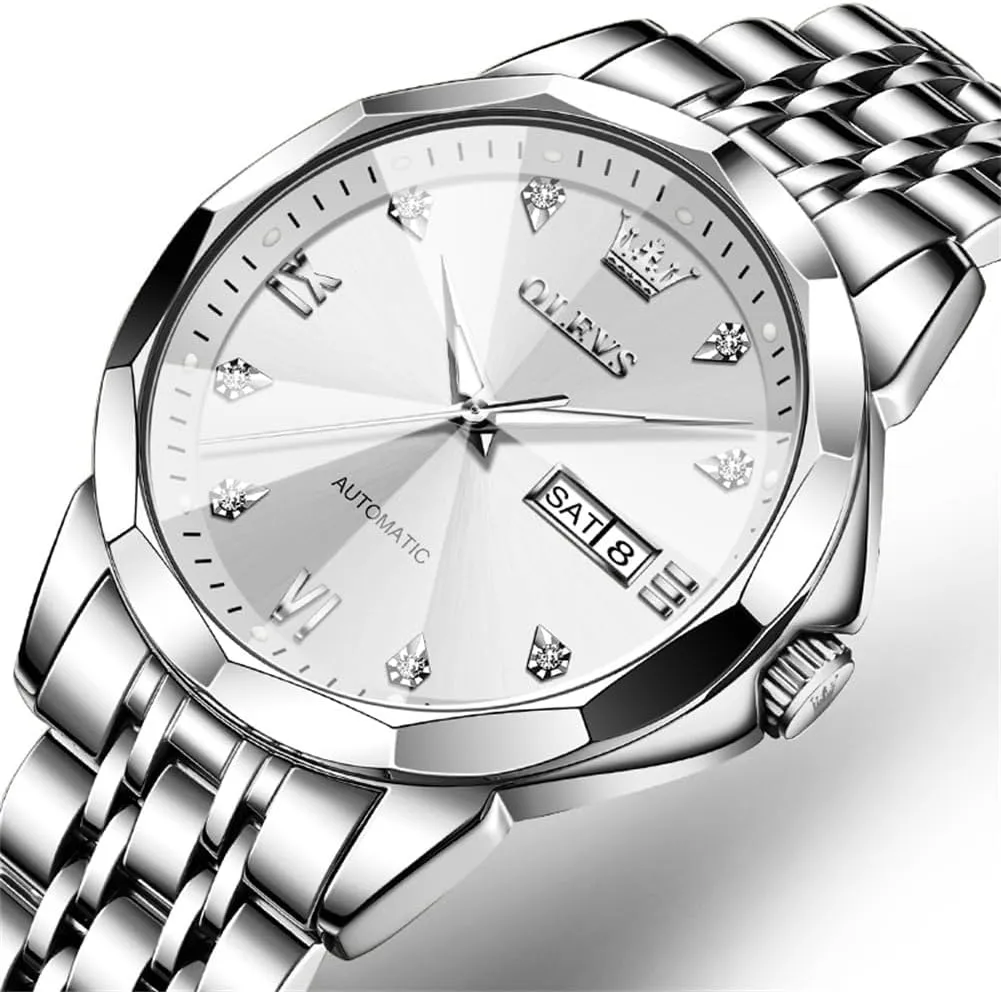 OLEVS Automatic Watches for Men Business Dress Watch Mechanical Stainless Steel Waterproof Self Winding Classic Date Luxury Diamond Men Wrist Watch