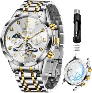 OLEVS Automatic Watches for Men Business Dress Watch Mechanical Stainless Steel Waterproof Self Winding Classic Date Luxury Diamond Men Wrist Watch