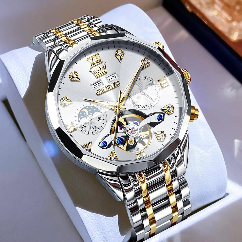 OLEVS Automatic Watches for Men Business Dress Watch Mechanical Stainless Steel Waterproof Self Winding Classic Date Luxury Diamond Men Wrist Watch