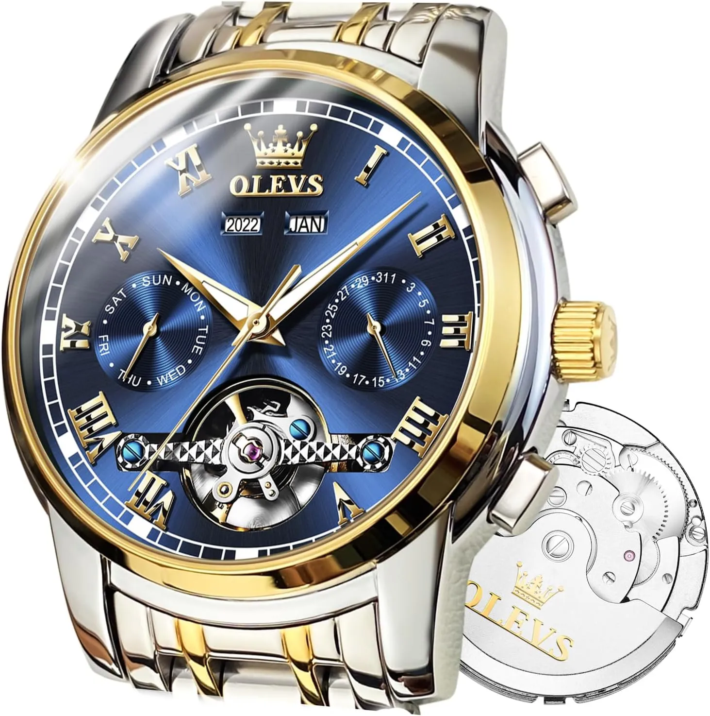 OLEVS Automatic Watch(No Battery Required) Men's Wrist Watches Self-Wind Mechanical Watches Fashion Classic Tourbillon Skeleton Watch Black Blue Green Face,Adjustable Bracelet (Gift Tool)