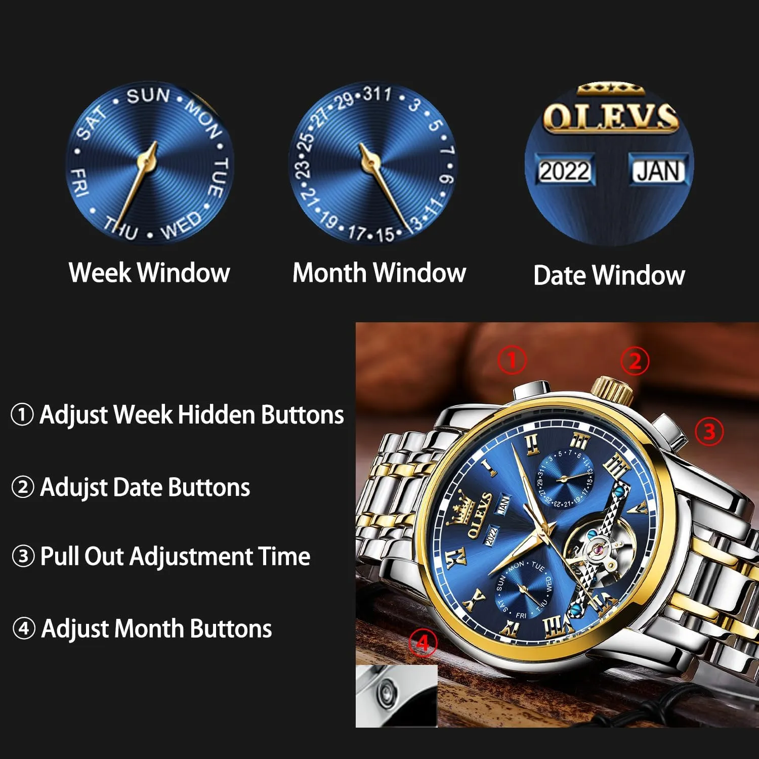 OLEVS Automatic Watch(No Battery Required) Men's Wrist Watches Self-Wind Mechanical Watches Fashion Classic Tourbillon Skeleton Watch Black Blue Green Face,Adjustable Bracelet (Gift Tool)