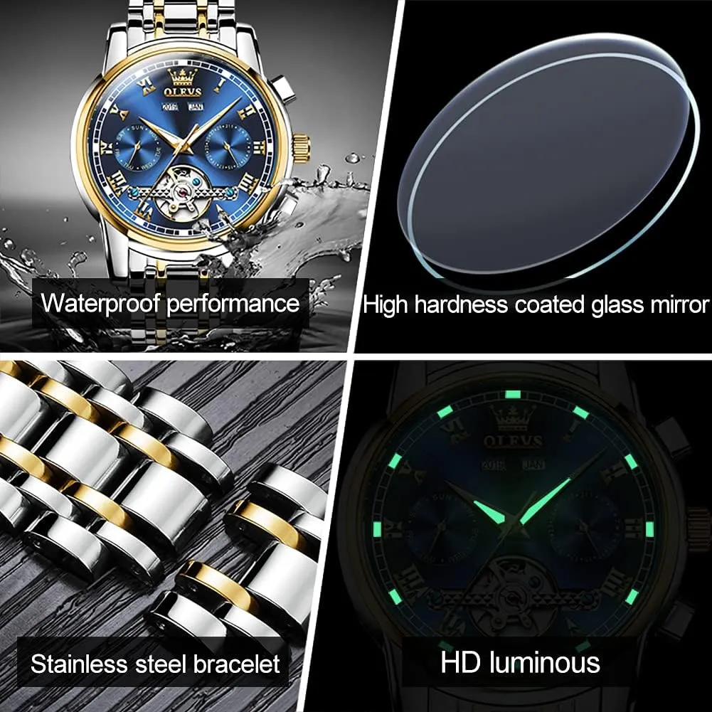 OLEVS Automatic Watch(No Battery Required) Men's Wrist Watches Self-Wind Mechanical Watches Fashion Classic Tourbillon Skeleton Watch Black Blue Green Face,Adjustable Bracelet (Gift Tool)