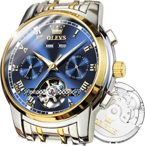 OLEVS Automatic Watch(No Battery Required) Men's Wrist Watches Self-Wind Mechanical Watches Fashion Classic Tourbillon Skeleton Watch Black Blue Green Face,Adjustable Bracelet (Gift Tool)