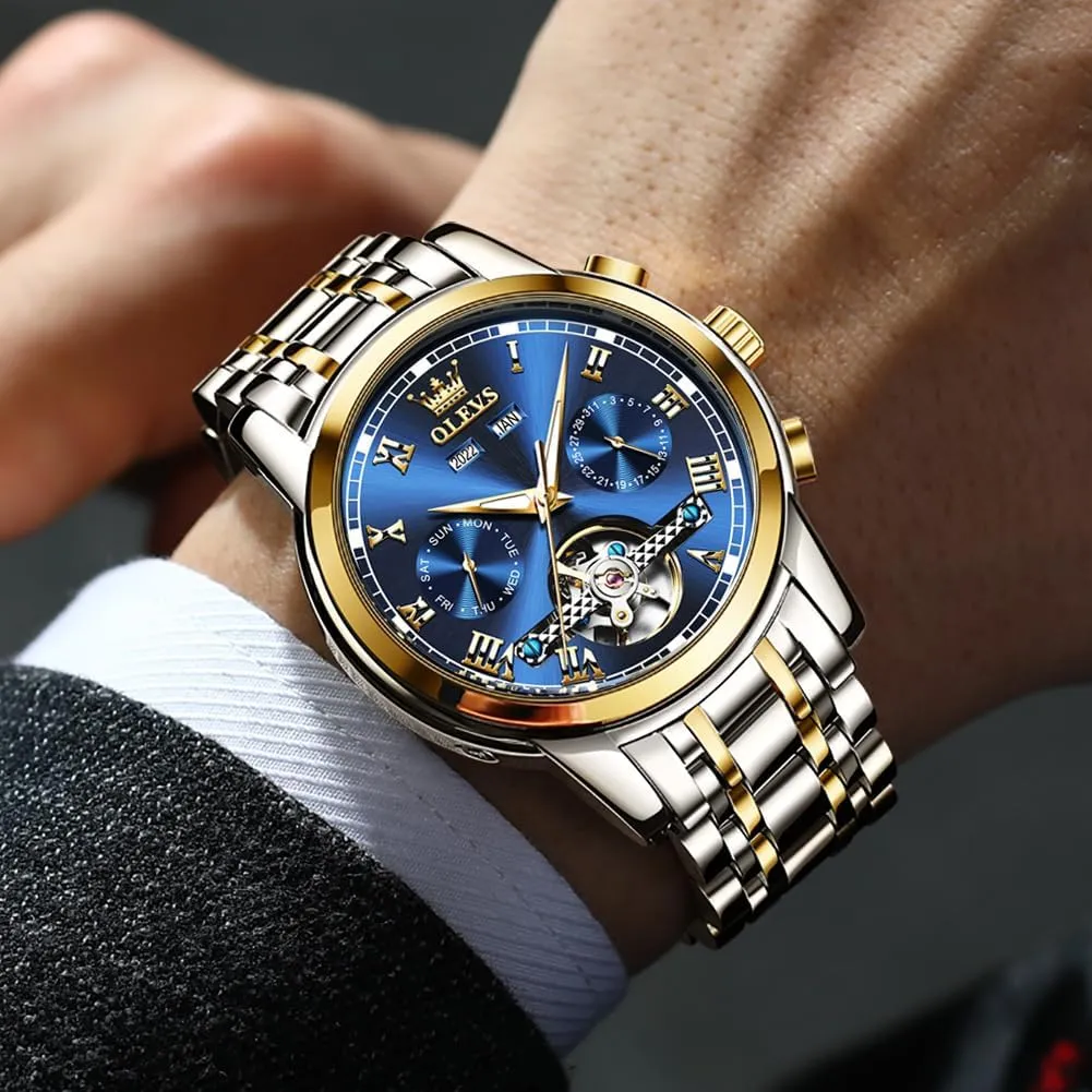 OLEVS Automatic Watch(No Battery Required) Men's Wrist Watches Self-Wind Mechanical Watches Fashion Classic Tourbillon Skeleton Watch Black Blue Green Face,Adjustable Bracelet (Gift Tool)