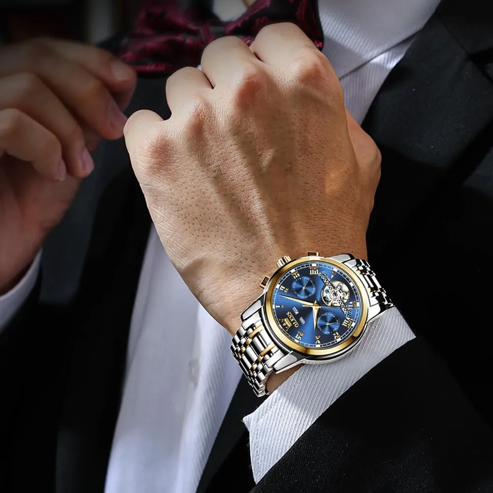 OLEVS Automatic Watch(No Battery Required) Men's Wrist Watches Self-Wind Mechanical Watches Fashion Classic Tourbillon Skeleton Watch Black Blue Green Face,Adjustable Bracelet (Gift Tool)