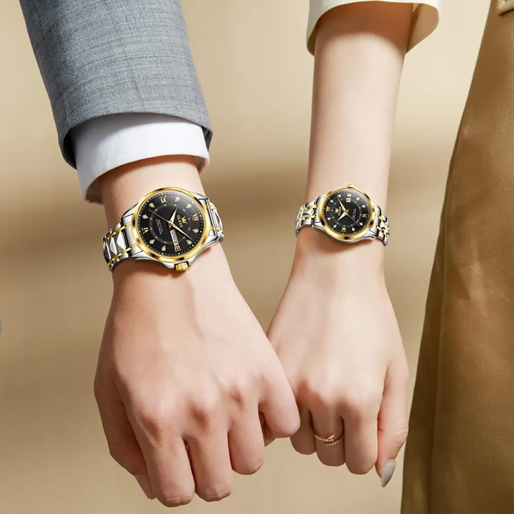 OLEVS Couple Quartz Watch Luminous Calendar Date Business Formal Luxury Men's and Women's Watch Waterproof Casual Stainless Steel Couple Wedding Romantic Watch 2 Pieces