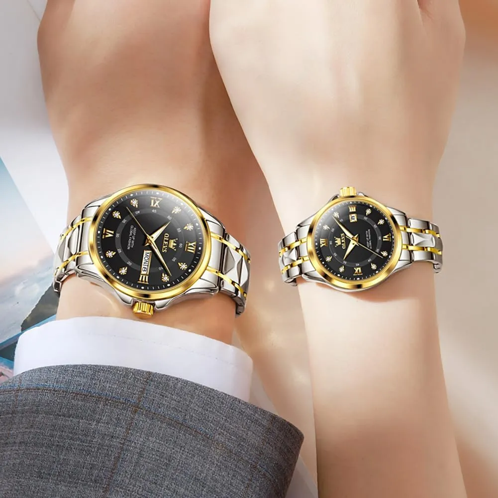OLEVS Couple Quartz Watch Luminous Calendar Date Business Formal Luxury Men's and Women's Watch Waterproof Casual Stainless Steel Couple Wedding Romantic Watch 2 Pieces