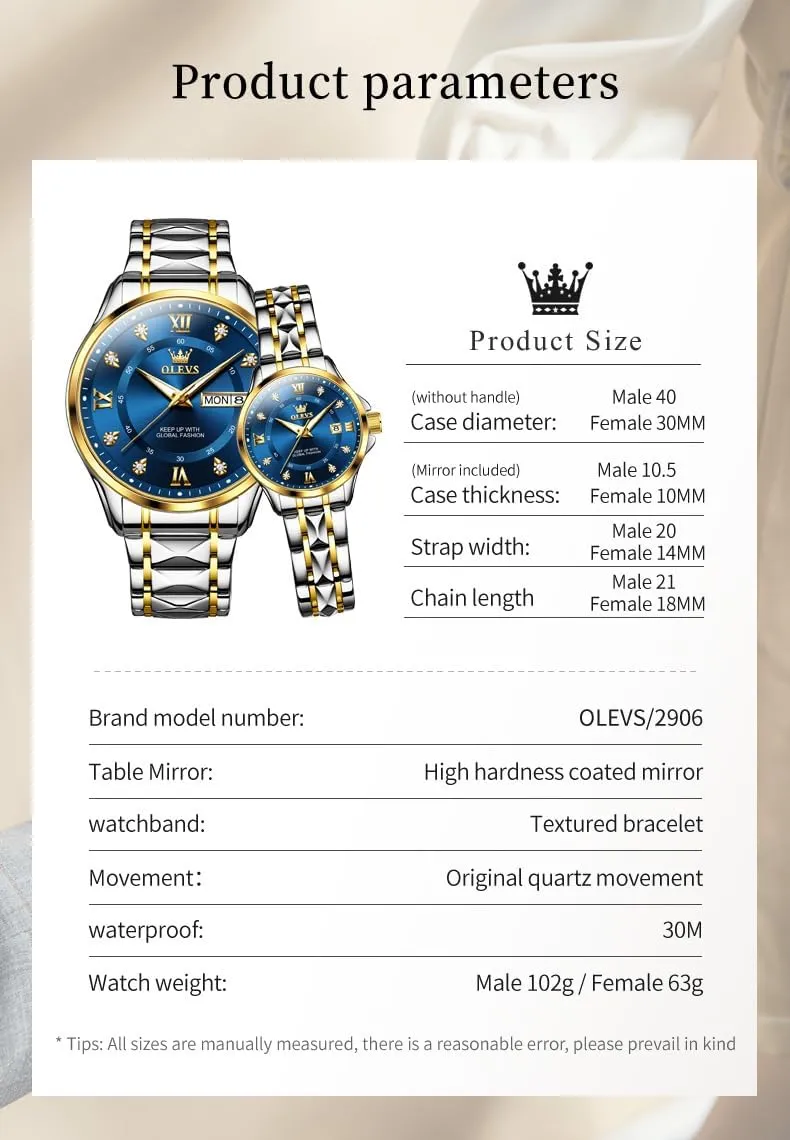 OLEVS Couple Quartz Watch Luminous Calendar Date Business Formal Luxury Men's and Women's Watch Waterproof Casual Stainless Steel Couple Wedding Romantic Watch 2 Pieces