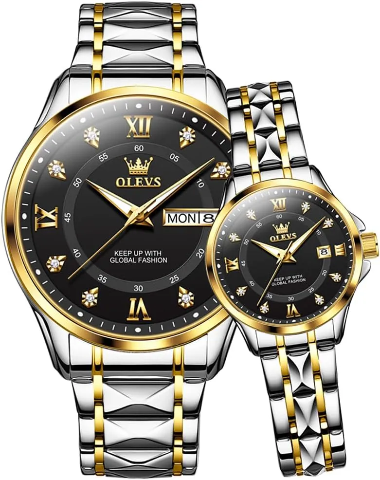 OLEVS Couple Quartz Watch Luminous Calendar Date Business Formal Luxury Men's and Women's Watch Waterproof Casual Stainless Steel Couple Wedding Romantic Watch 2 Pieces