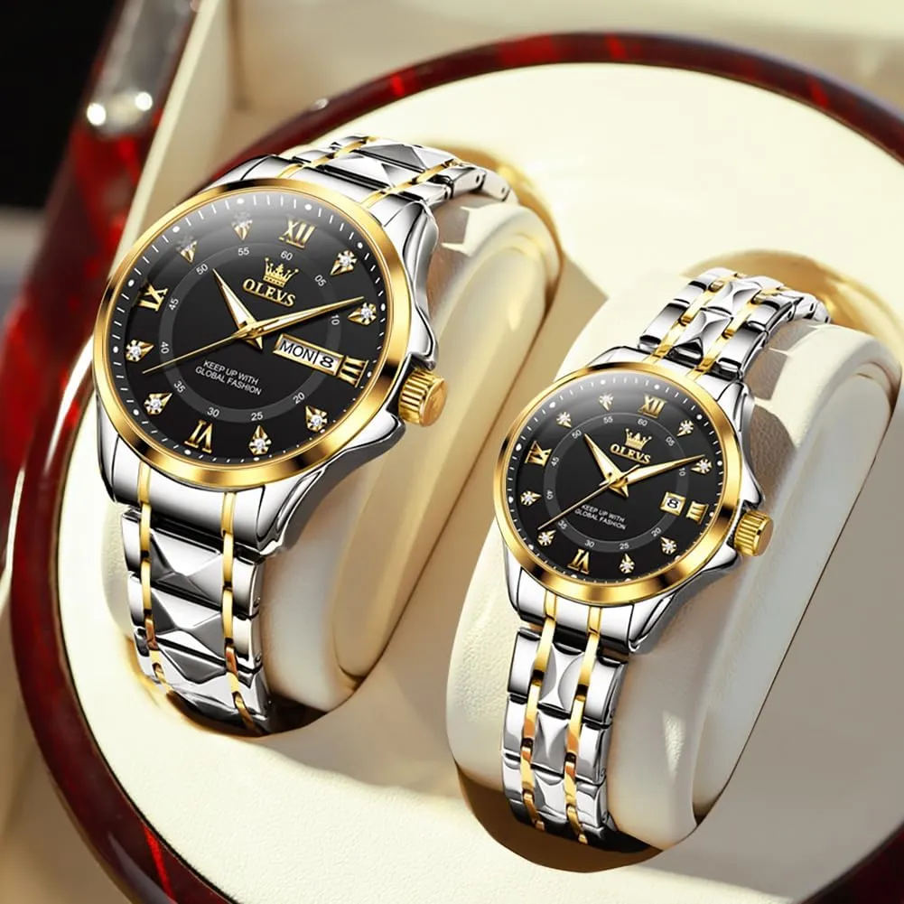OLEVS Couple Quartz Watch Luminous Calendar Date Business Formal Luxury Men's and Women's Watch Waterproof Casual Stainless Steel Couple Wedding Romantic Watch 2 Pieces