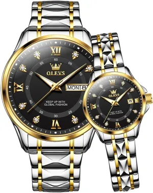 OLEVS Couple Quartz Watch Luminous Calendar Date Business Formal Luxury Men's and Women's Watch Waterproof Casual Stainless Steel Couple Wedding Romantic Watch 2 Pieces