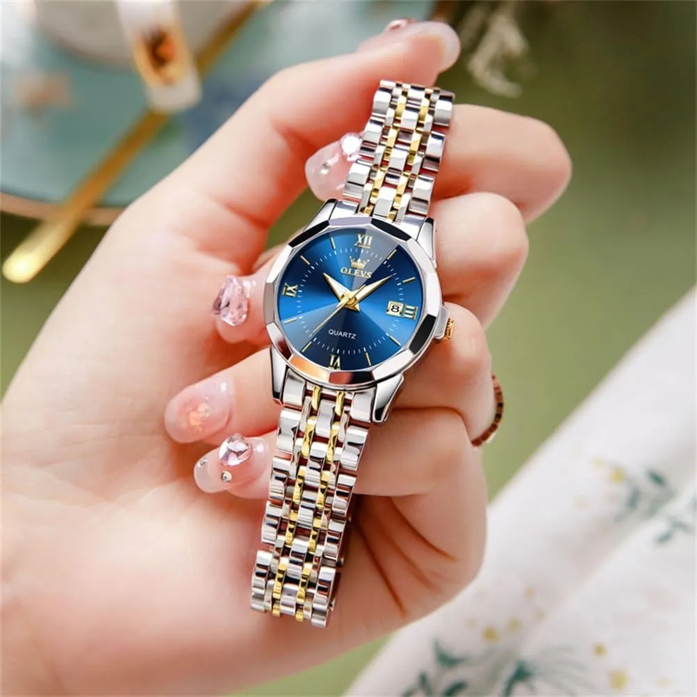 OLEVS Luxury Diamond Small Female Watches - Stainless Steel Bracelet, Waterproof Business Dress Analog Luminous Date Ladies Watches