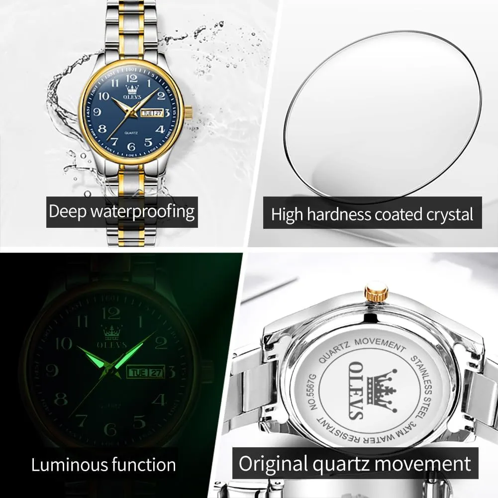 OLEVS Luxury Ladies Watches,Women's Watch with Day and Date,Female Watch for Small Wrist,Gold Stainless Steel Watches for Women,Easy Read Ladies Wrist Watches Waterproof（Adjustable Strap