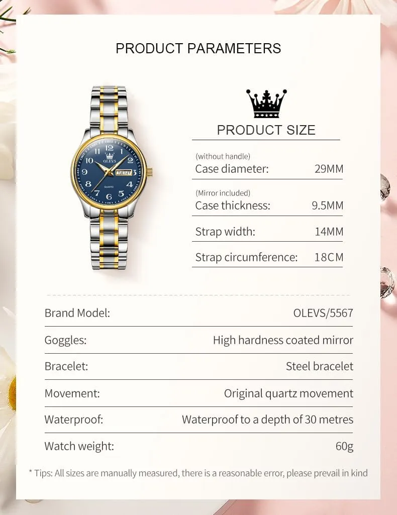 OLEVS Luxury Ladies Watches,Women's Watch with Day and Date,Female Watch for Small Wrist,Gold Stainless Steel Watches for Women,Easy Read Ladies Wrist Watches Waterproof（Adjustable Strap