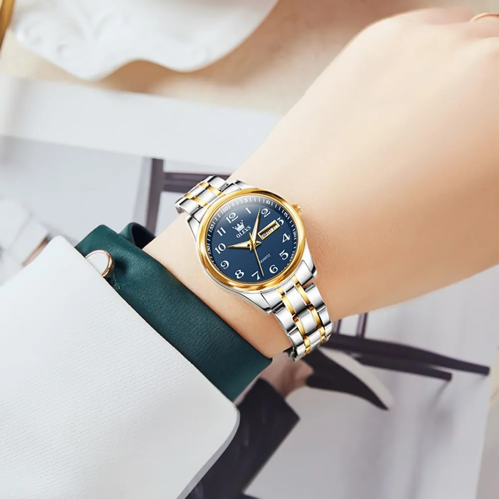 OLEVS Luxury Ladies Watches,Women's Watch with Day and Date,Female Watch for Small Wrist,Gold Stainless Steel Watches for Women,Easy Read Ladies Wrist Watches Waterproof（Adjustable Strap