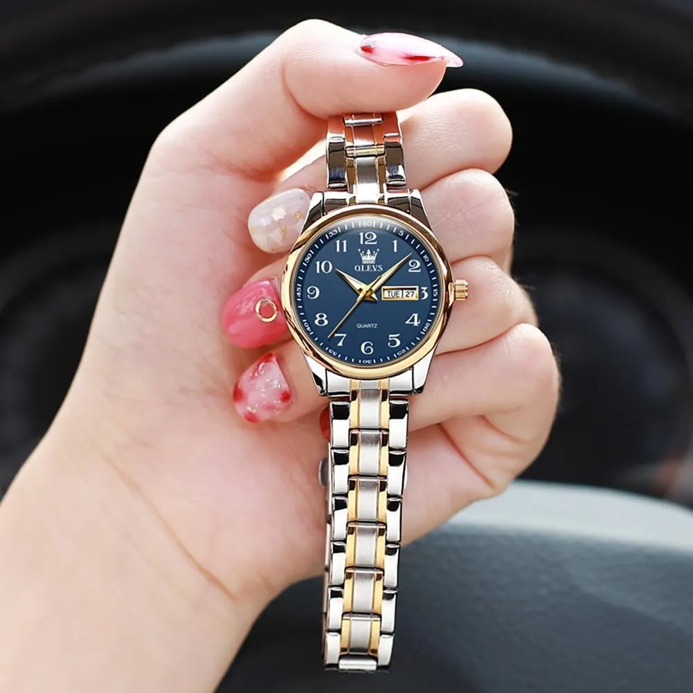 OLEVS Luxury Ladies Watches,Women's Watch with Day and Date,Female Watch for Small Wrist,Gold Stainless Steel Watches for Women,Easy Read Ladies Wrist Watches Waterproof（Adjustable Strap