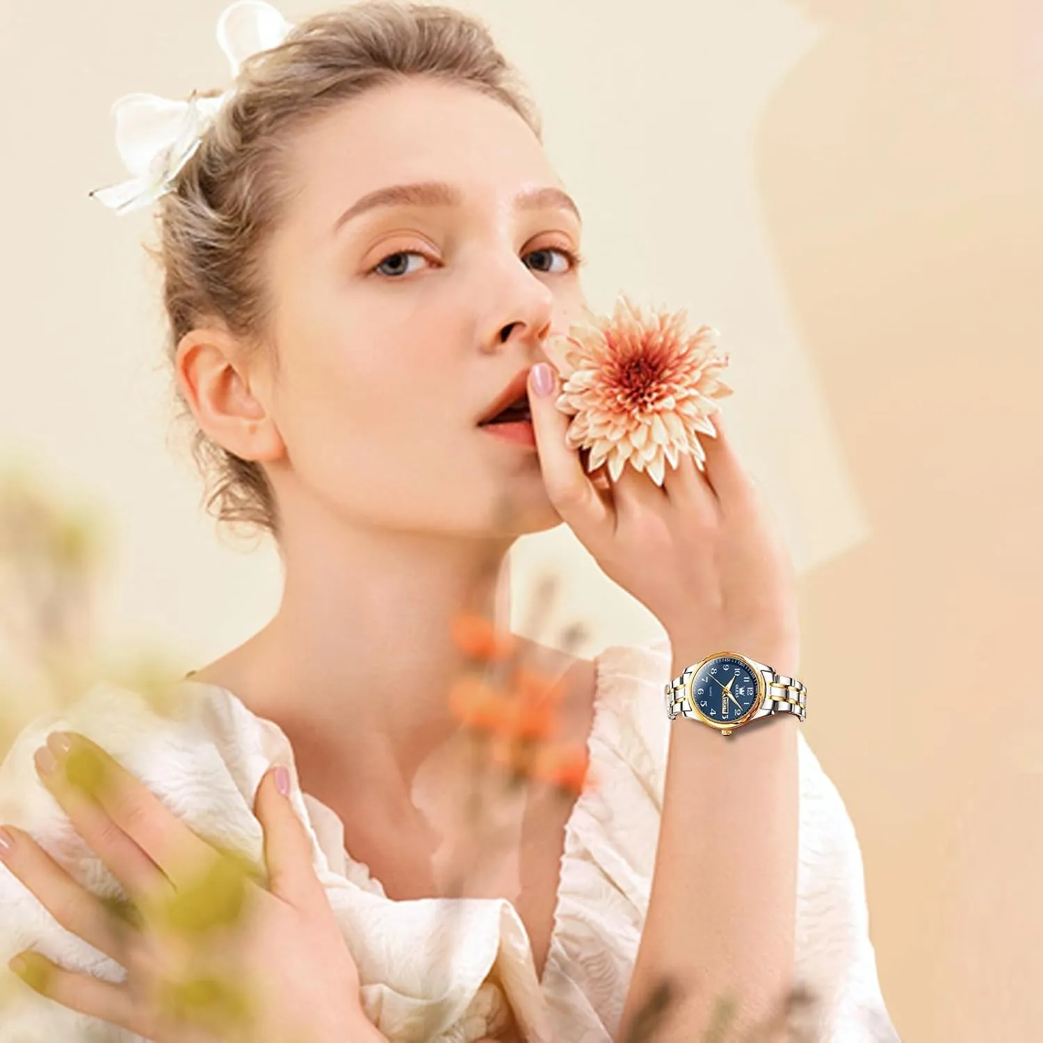 OLEVS Luxury Ladies Watches,Women's Watch with Day and Date,Female Watch for Small Wrist,Gold Stainless Steel Watches for Women,Easy Read Ladies Wrist Watches Waterproof（Adjustable Strap