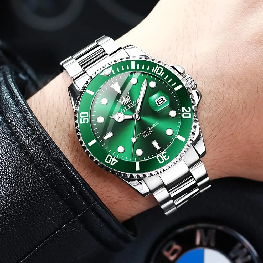 OLEVS Luxury Watches for Men Big Face Stainless Steel Business Dress Analog Quartz Watch with Day Waterproof Luminous Mens Wrist Watch