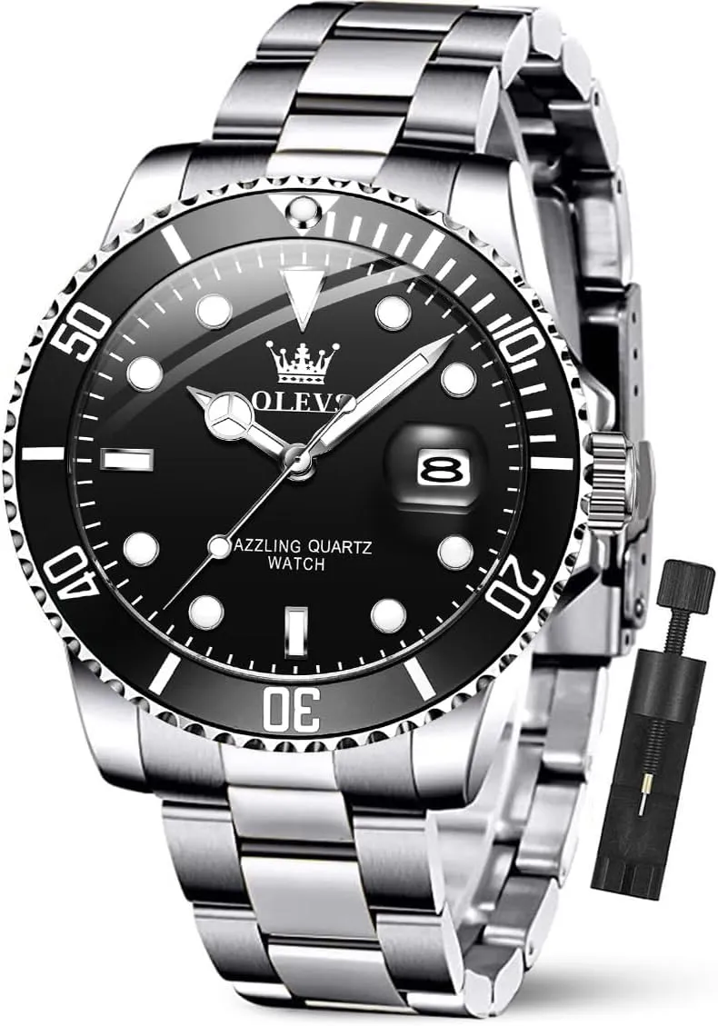 OLEVS Luxury Watches for Men Big Face Stainless Steel Business Dress Analog Quartz Watch with Day Waterproof Luminous Mens Wrist Watch