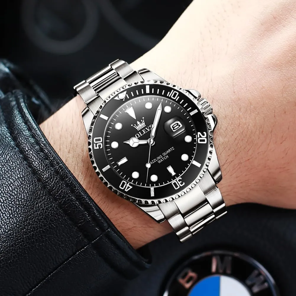 OLEVS Luxury Watches for Men Big Face Stainless Steel Business Dress Analog Quartz Watch with Day Waterproof Luminous Mens Wrist Watch